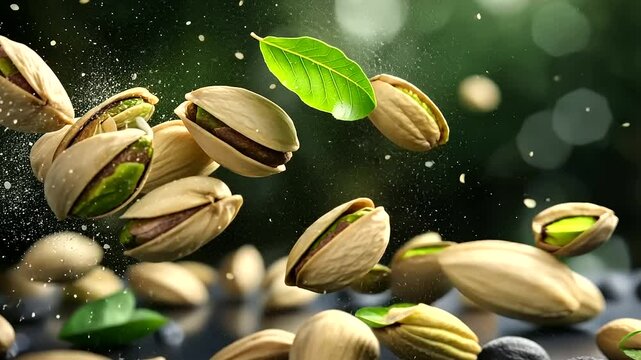 Pistachios levitating in mid-air with a light dusting of salt visible on their shells, set against a backdrop of fresh leaves to highlight their natural origin.