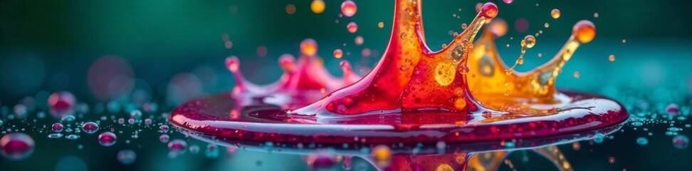Naklejka premium Oil fluid dye mix spills onto dark green abstract background creating a defocused rainbow colored glowing bubble like effect, rainbow color, dark green