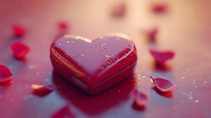 Obraz premium Realistic image of a heart-shaped red box of chocolates placed on a bright red table, with a delicate ribbon and small decorative rose petals scattered around.