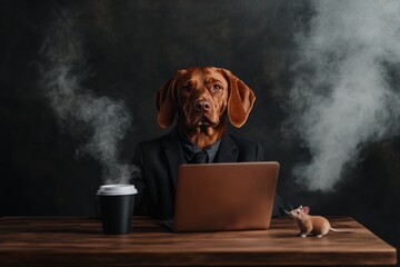 Dog in suit with laptop and coffee in office setting with smoke
