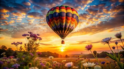 Silhouette of Floral Hot Air Balloon at Sunset, Candid Photography