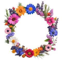 A vibrant floral wreath featuring various colorful flowers, creating a beautiful circular arrangement.