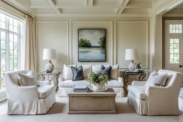 Fototapeta premium A beautifully decorated living room featuring classic furniture, soft lighting, and large windows that invite natural light.