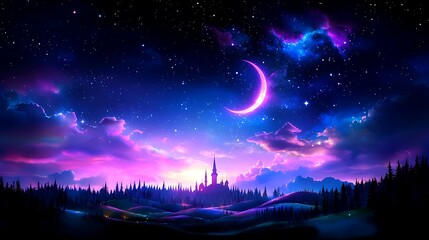 Magical castle silhouetted against a vibrant, starry night sky with a crescent moon.