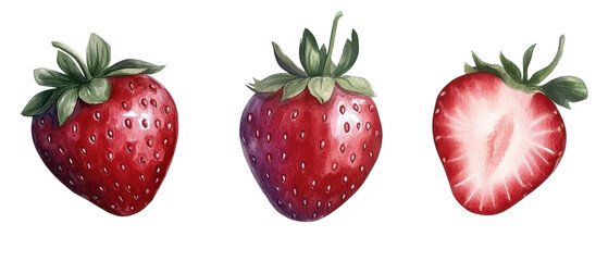 Luscious Strawberries: A trio of vibrant strawberries, whole and halved, showcasing their juicy red interiors and fresh green leaves.  Perfect for food blogs, recipe websites.