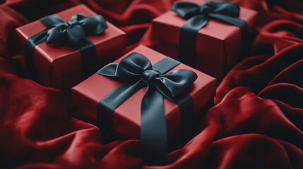 Red and black gift boxes with glossy ribbons, arranged on a luxurious velvet fabric, high detail and realistic, captured through a camera.