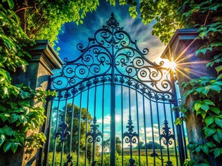 Fototapeta premium Silhouette of Locked Iron Gate and Garden - Mysterious Green Haven