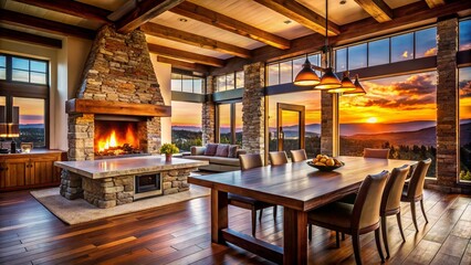 Silhouette of Modern Rustic Kitchen with Reclaimed Wood Beams, Stone Fireplace, and Large Wooden Dining Table