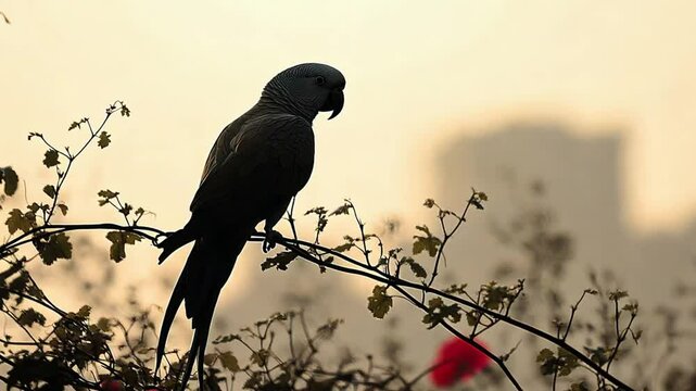 A silhouetted parrot perched on a branch against a soft, blurred background at sunset footage