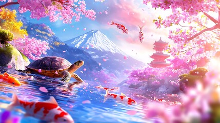 Serene Japanese landscape with Mount Fuji, cherry blossoms, koi fish, and turtle.