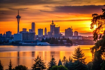 Silhouette of Seattle Cityscape at Sunset, Harborview Hospital Visible