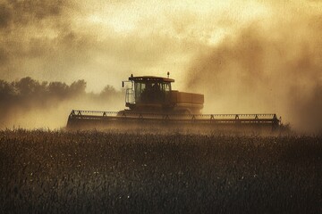 Naklejka premium Harvesting crops in a misty field at dawn with golden wheat glowing in the morning light