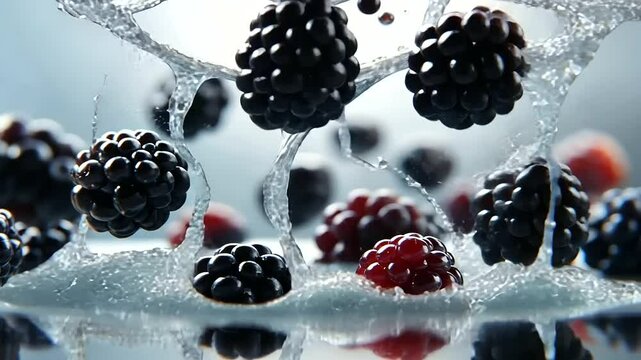 Plump blackberries caught in mid-motion, their textured surfaces glistening with freshness against a minimal studio setup.