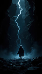Obraz premium A person stands at the entrance to an underground cave where blue lightning strikes above.