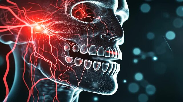 A D medical illustration of the trigeminal nerve branching across the face, with a red glowing area highlighting pain near the jaw and cheek, accompanied by text explaining trigem