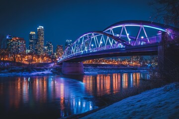 Fototapeta premium Stunning night view of a colorful bridge with city lights reflecting in calm water, creating a serene winter landscape perfect for urban photography enthusiasts.