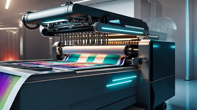 Modern Industrial Printing Machine with High-Tech Features Producing Colorful Prints in a Factory Setting

