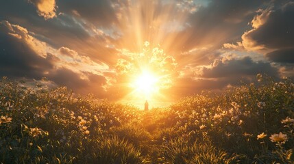 Obraz premium Golden Hour Serenity: A Solitary Figure Bathed in Sunset's Embrace Amidst a Field of Blossoms