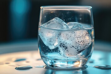 A close-up of ice cubes with black specks trapped inside, sitting in a half-empty glass of water on a diner table,copy space background