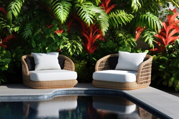 Cozy outdoor seating by the pool surrounded by vibrant tropical foliage on a sunny day