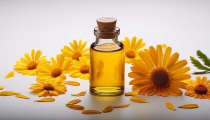 a minimalist scene featuring a bottle of arnica oil centered on a white background with a few scattered arnica flowers and loose petals