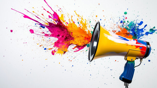 A yellow megaphone is in front of a colorful splash of paint