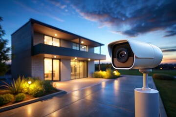 Sleek White Smart Home Security Camera at Night - Modern CCTV Surveillance System