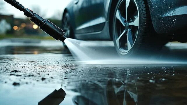 A close-up of the high-pressure washer nozzle in action, creating ripples on the wet concrete as dirt and grime are washed away.