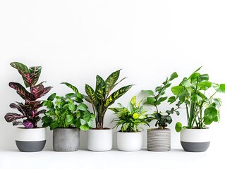 Fototapeta premium A Row of Beautifully Potted Indoor Plants in Glossy Black Pots on a White Background, Perfect for Modern Home and Office Decor Ideas