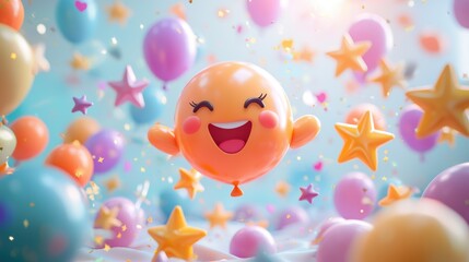 Joyful Balloon Character Celebration: A Whimsical 3D Render of a Happy Emoji Balloon Surrounded by Colorful Balloons, Stars, and Confetti, Evoking Feelings of Delight and Festive Cheer.