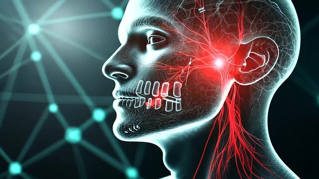 A detailed rendering of the head with the trigeminal nerve branching visibly, a painful area highlighted in red, and descriptive labels discussing neuralgia triggers and remedies