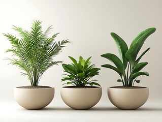 Fototapeta premium A Row of Beautifully Potted Indoor Plants in Glossy Black Pots on a White Background, Perfect for Modern Home and Office Decor Ideas