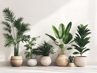 Fototapeta premium A Row of Beautifully Potted Indoor Plants in Glossy Black Pots on a White Background, Perfect for Modern Home and Office Decor Ideas