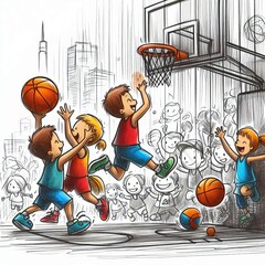 Kid's Sketch of a Basketball Match
