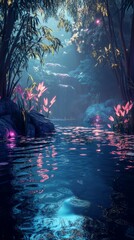 A mystical forest stream surrounded by glowing plants, creating a tranquil and magical ambiance in a dreamlike setting.