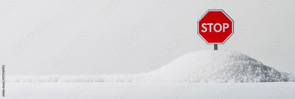 Poster Conceptual image representing sugar addiction and dangers of excessive sugar intake with a stop sign planted on a pile of sugar, promoting a sugar free or low sugar lifestyle for better health