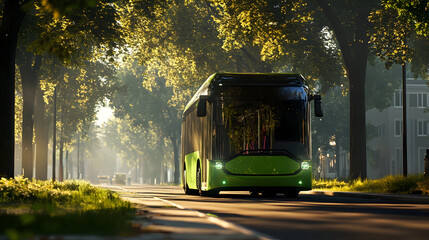 Obraz premium Eco-Friendly Electric Bus Driving Through a Scenic Tree-Lined Street