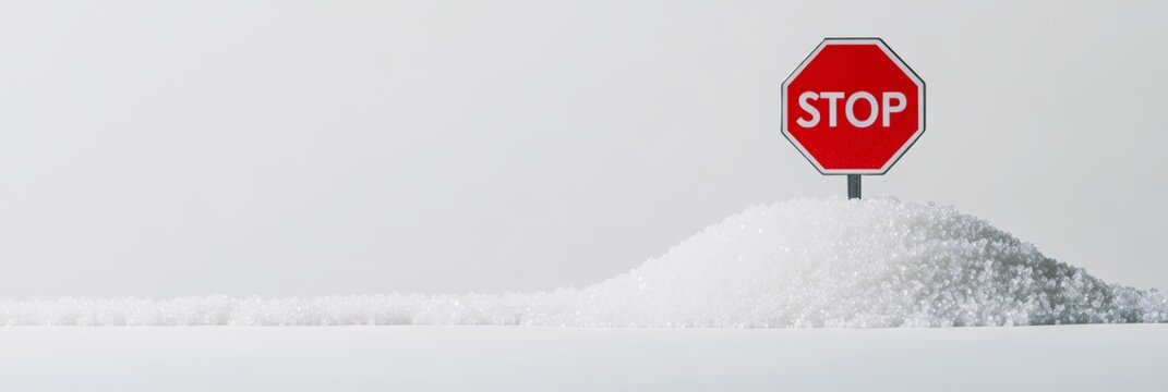 Conceptual image representing sugar addiction and dangers of excessive sugar intake with a stop sign planted on a pile of sugar, promoting a sugar free or low sugar lifestyle for better health