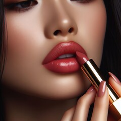 Lipstick Application A close up of a woman applying lipstick her