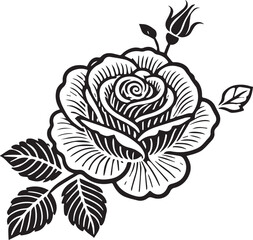 Rose icon vector design with a white background.is a high-quality graphic design file featuring a striking illustration of a rose bud rendered entirely in black. This design captures the elegant 