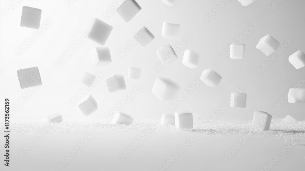Aufkleber Numerous sugar cubes are falling onto a small pile of sugar. Creating a visual representation of excessive sugar consumption and promoting the importance of sugar reduction for a healthier lifestyle
