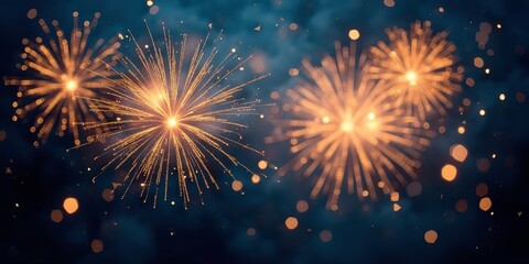 Fototapeta premium Fireworks Celebration: A mesmerizing display of golden fireworks against a backdrop of shimmering lights and soft blue smoke. The perfect image to evoke joy, celebration, and excitement.new year, 