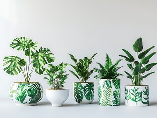 Obraz premium A Row of Beautifully Potted Indoor Plants in Glossy Black Pots on a White Background, Perfect for Modern Home and Office Decor Ideas