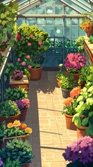 Naklejka premium Sunlit greenhouse filled with colorful potted plants, showcasing a tranquil and vibrant botanical environment.