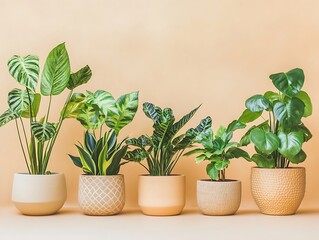 Fototapeta premium A Row of Beautifully Potted Indoor Plants in Glossy Black Pots on a White Background, Perfect for Modern Home and Office Decor Ideas