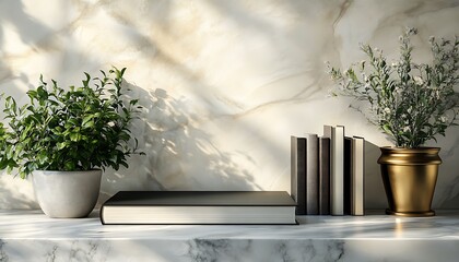Sunlit marble surface with a large book, potted plants, and a stack of books.