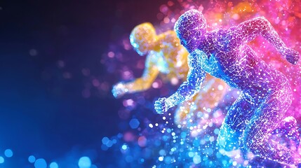 Abstract polygonal runners in vibrant colors, competing in a race.