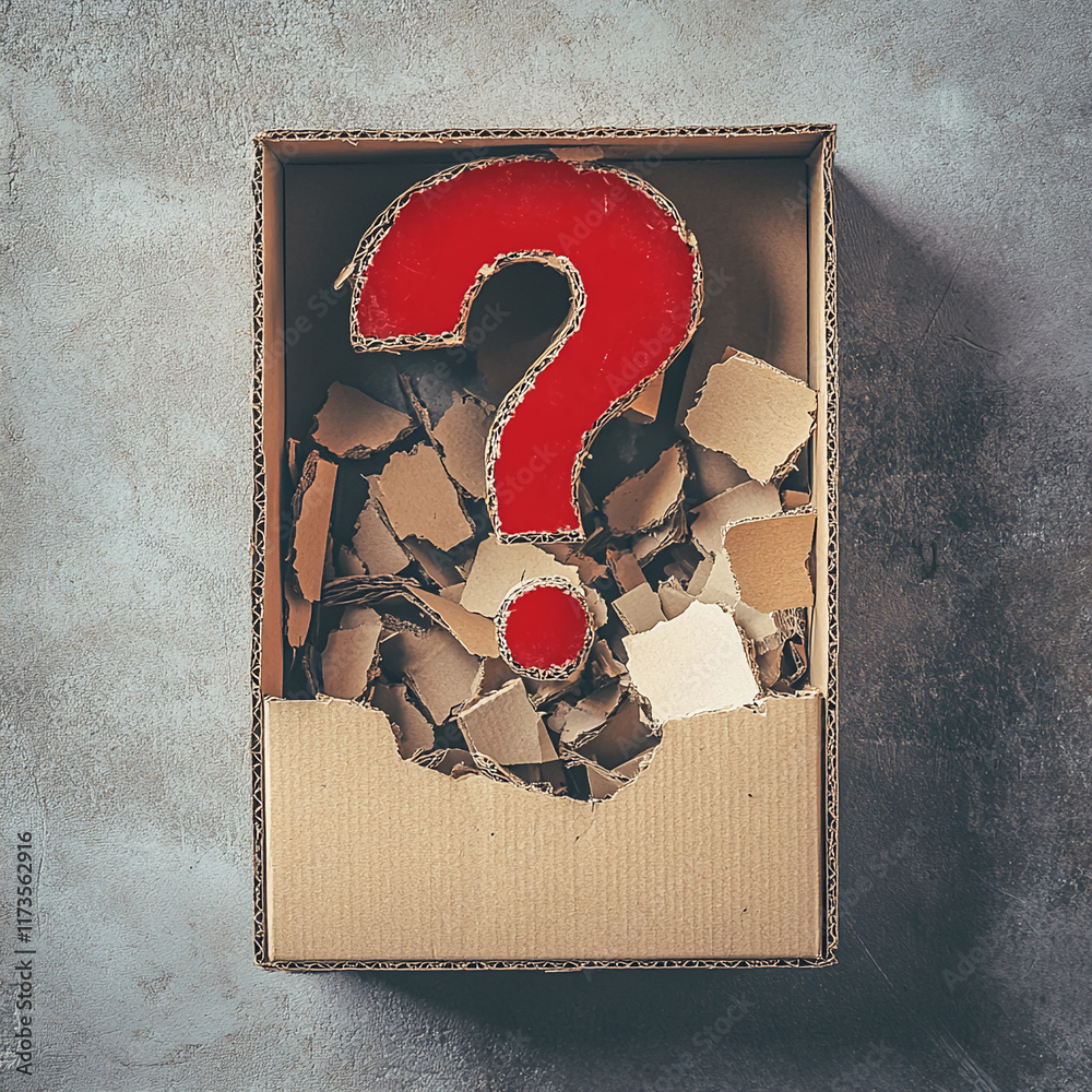 Poster red large question mark inside a cardboard box filled with torn paper pieces, symbolizing mystery or