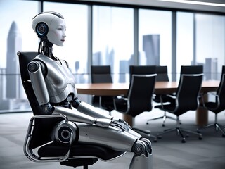A futuristic thinking robot in the corporate office background