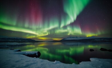 Aurora rainbow colour over the lake